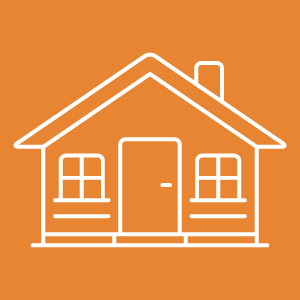 Outline of a house with a gabled roof, a chimney, a front door, and two windows on an orange background.