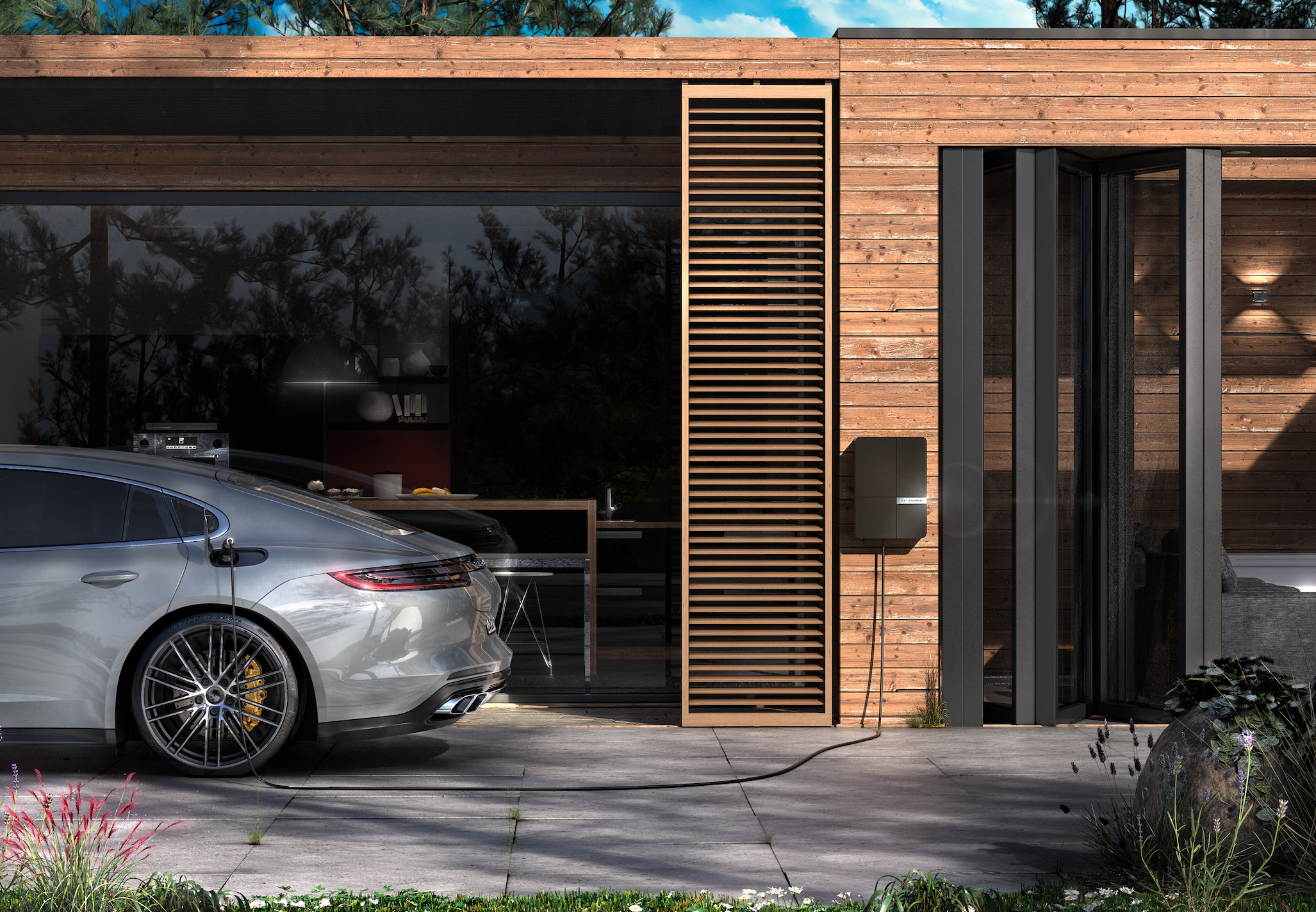 Andersen designer EV charger professionally installed on a home exterior wall in Sussex by an approved installer and Napit registered electrician