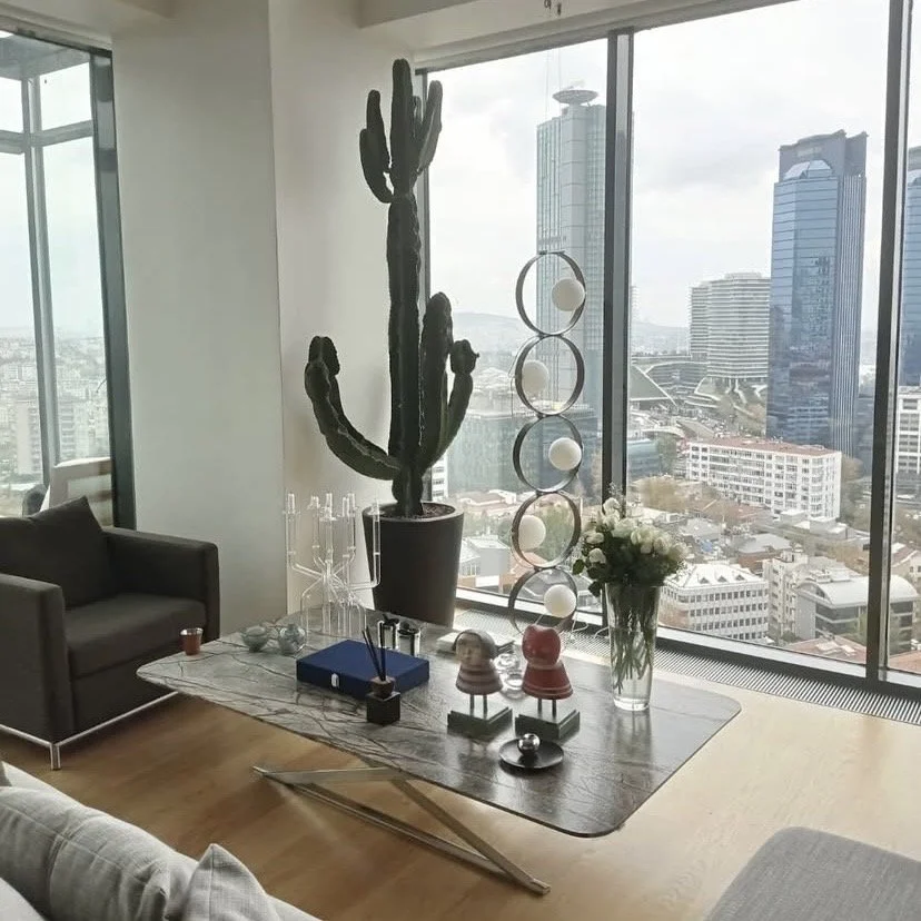Modern living room with a large cactus in a pot, a glass coffee table decorated with sculptures, a vase of white flowers, and large floor-to-ceiling windows showing a cityscape with tall buildings.