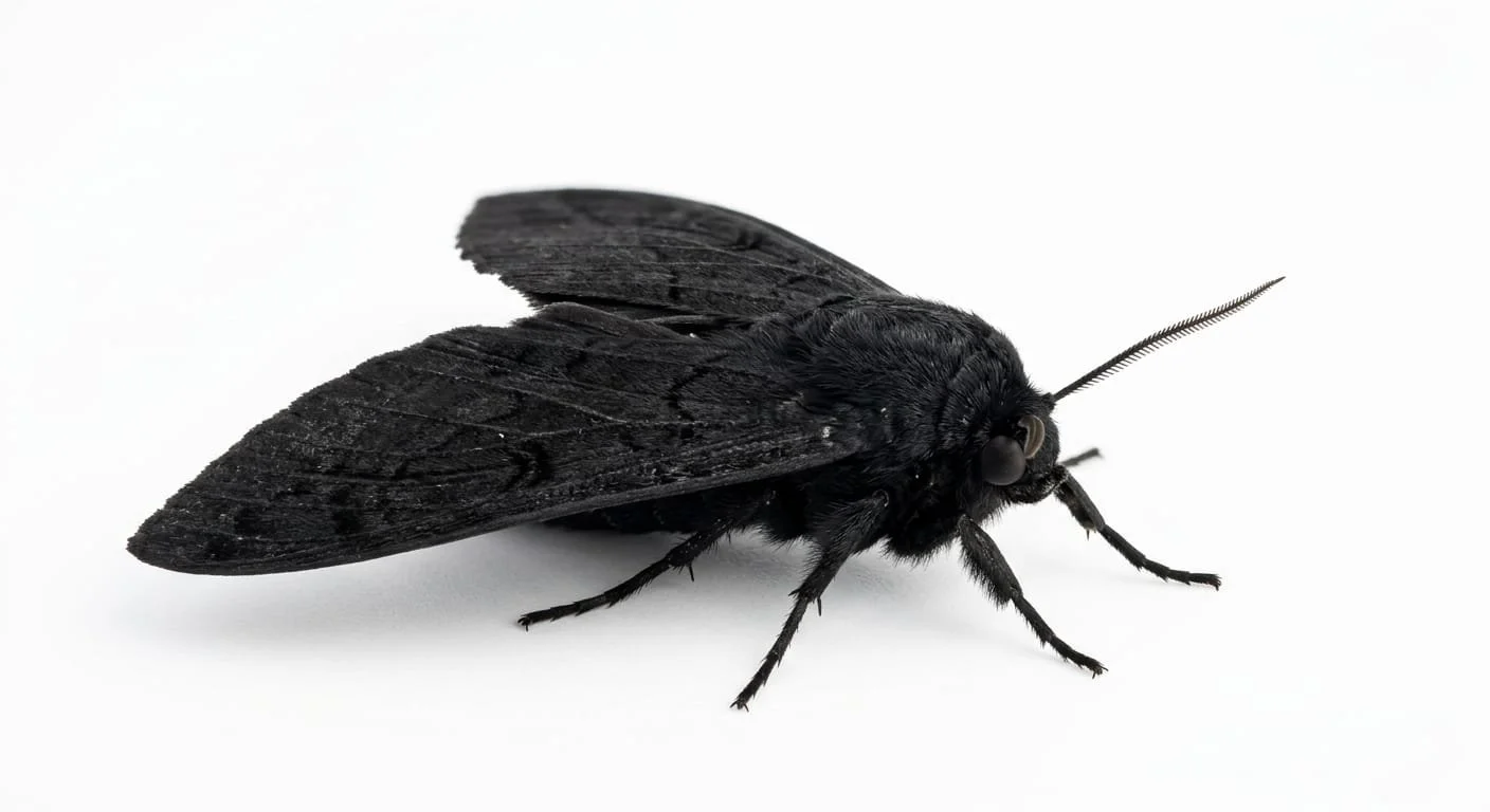 Close-up image of a black moth on a white background.