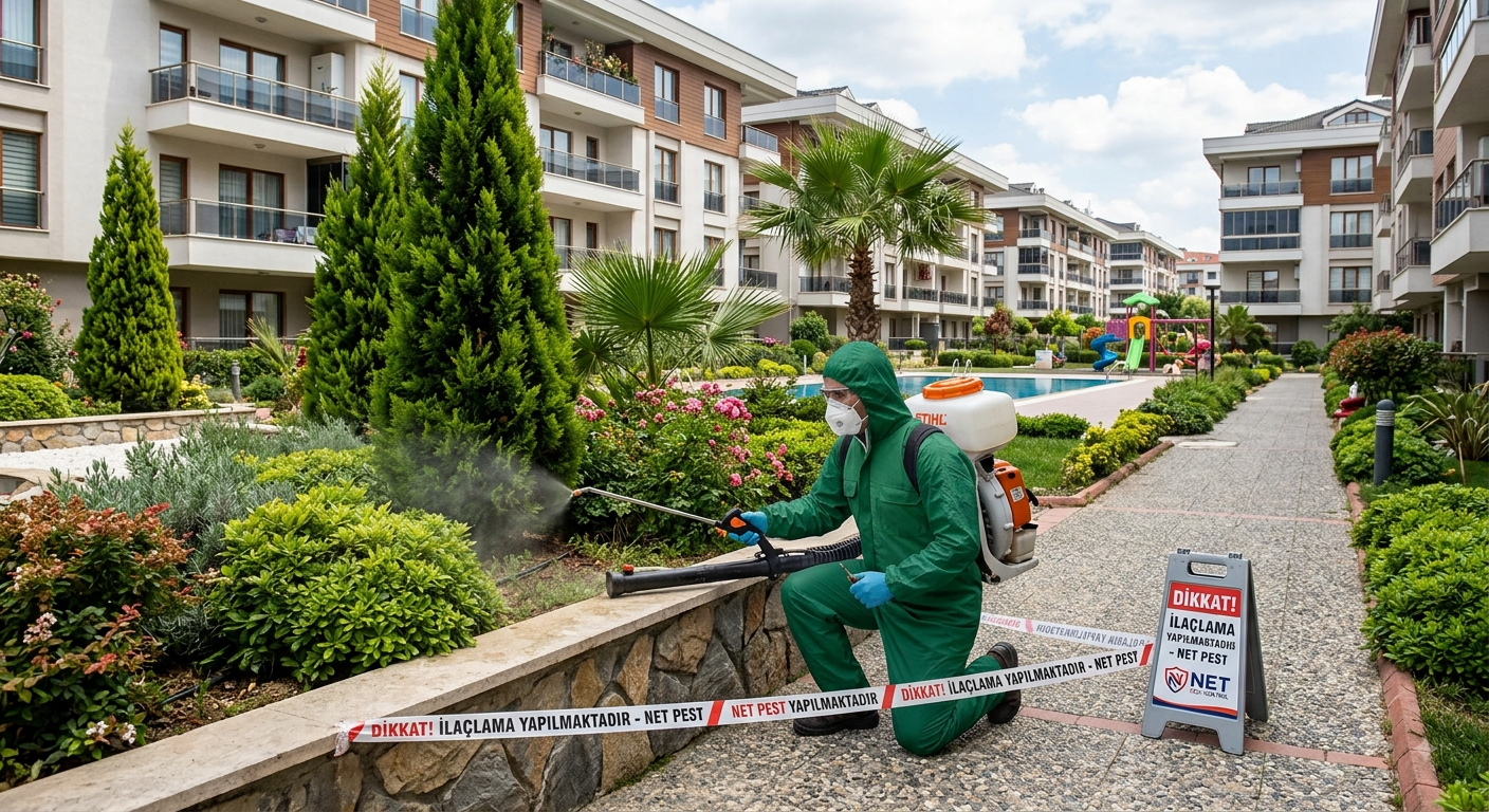 A worker in a green protective suit, face mask, and gloves spraying disinfectant on plants in a courtyard near apartment buildings. There is a caution sign in Turkish warning about pest treatment and a barrier tape around the work area.