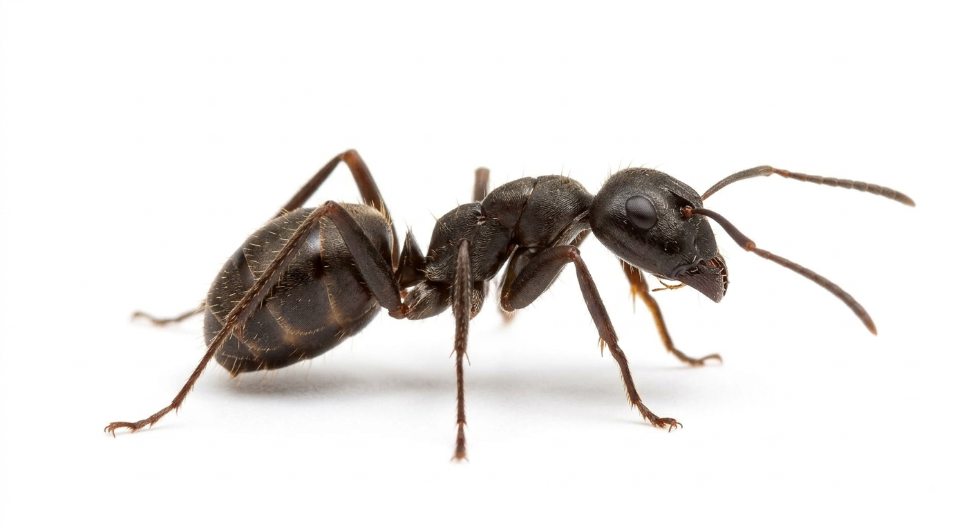 Close-up of a black ant with six legs and antennae on a white background