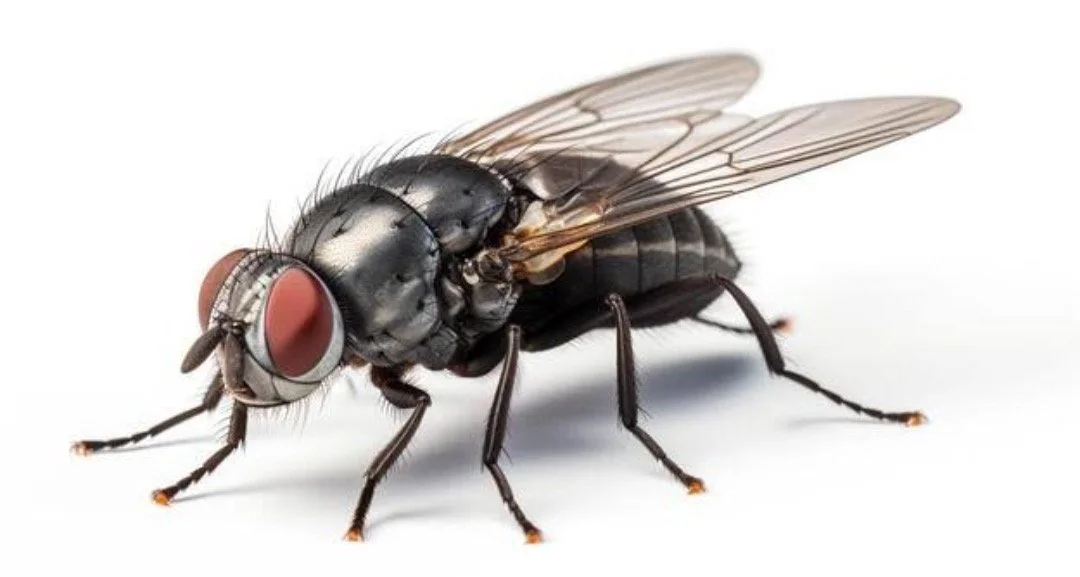 Close-up of a black housefly with red eyes and transparent wings, on a white background.