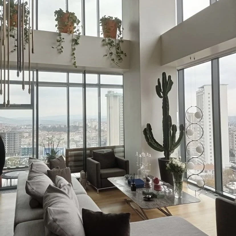 Modern living room with large floor-to-ceiling windows, a tall cactus plant, a gray sofa with cushions, a black armchair, a marble coffee table with decorations, and city buildings visible outside.