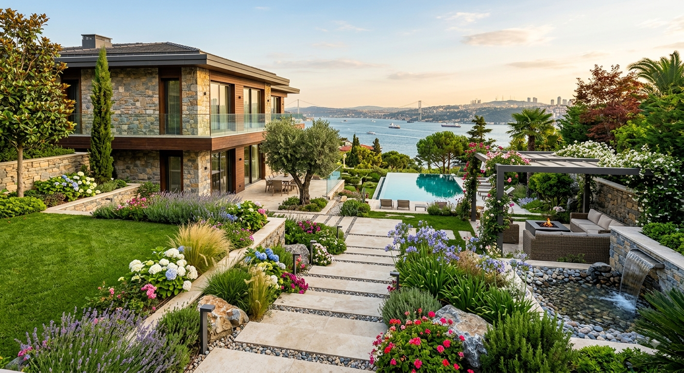 A luxurious backyard garden with a stone house, lush greenery, a swimming pool, and a view of a body of water with ships and a city skyline in the distance.