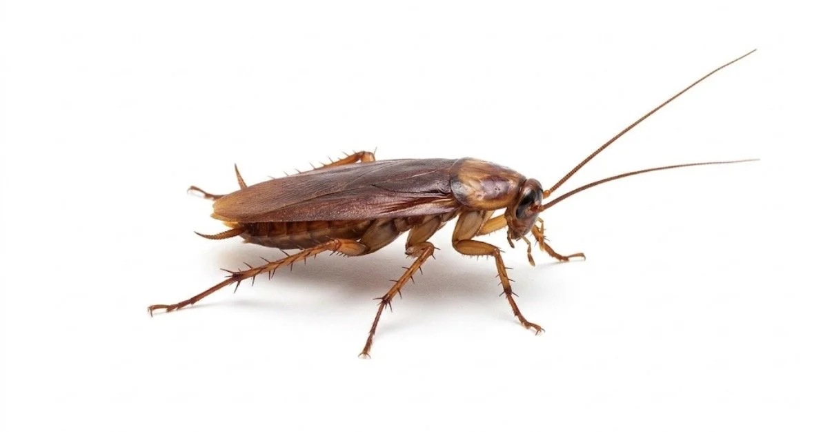 Close-up of a brown cockroach with long antennae on a white background.