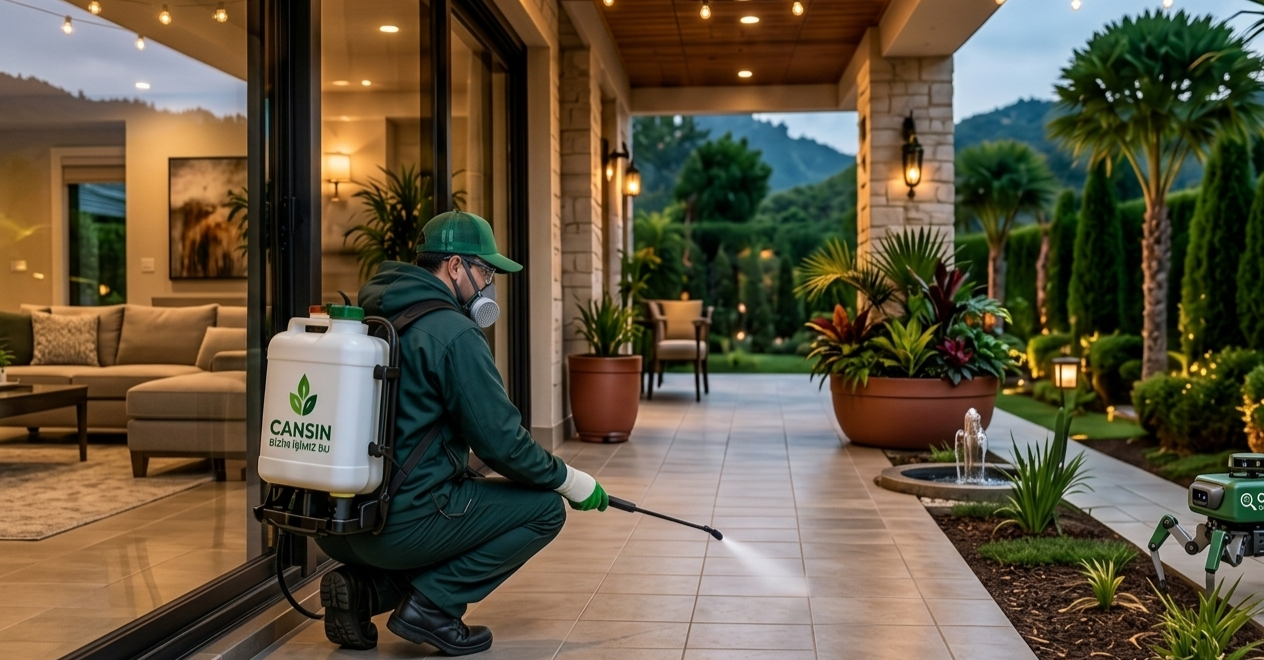 koruyucu ekipman kullanan bir profesyonel ilaçlama hizmeti çalışanı bir evin verandasını ilaçlama yapıyor. hnaşere kontrol pest Control hamam böceği sinek yılan akrep tahtakurusu