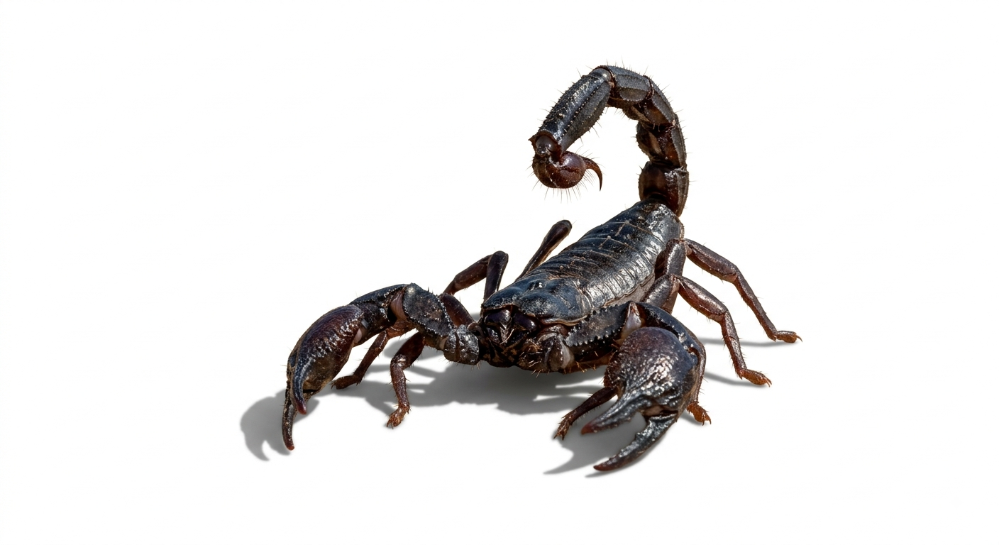 A black scorpion on a white background.