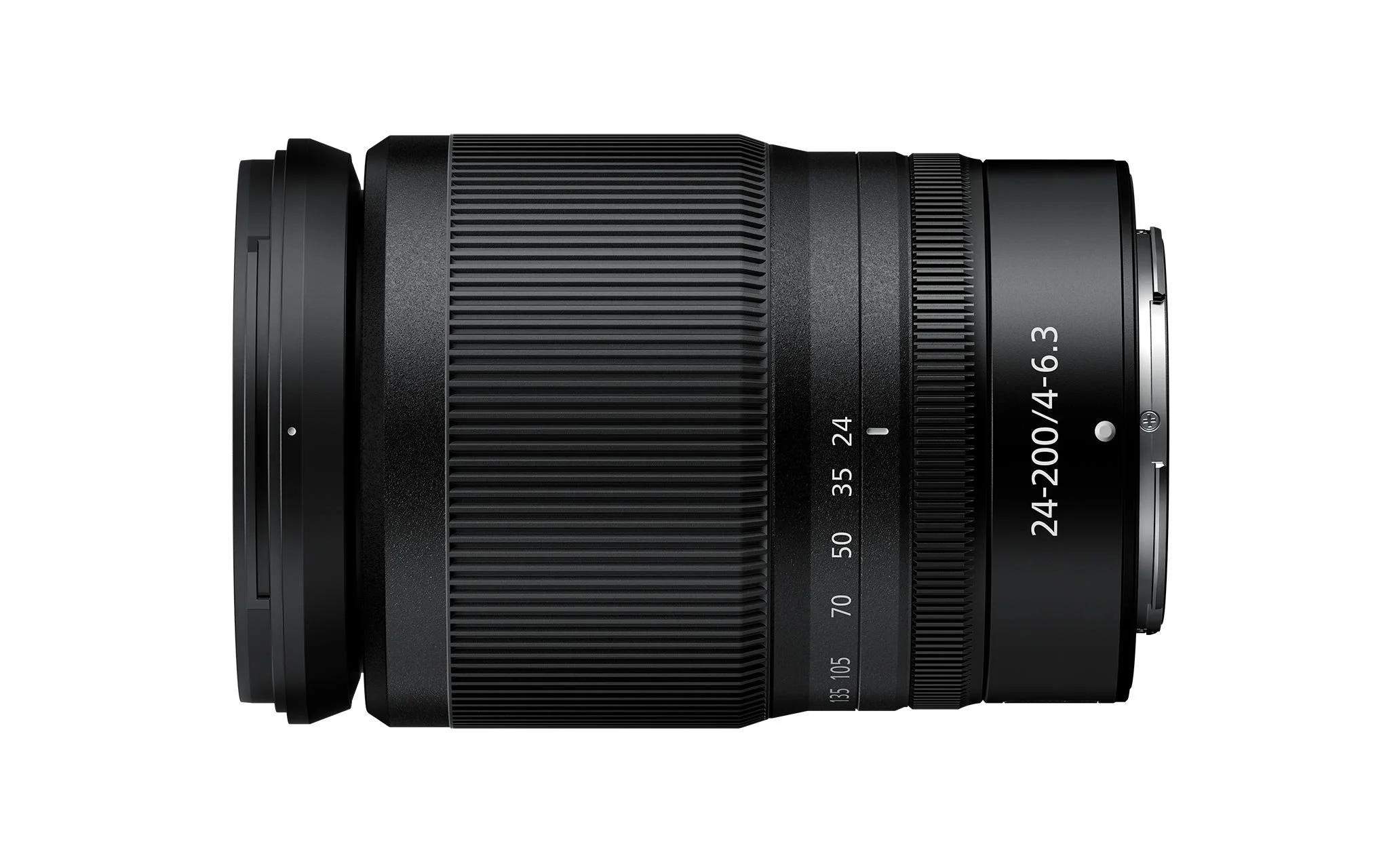 A black camera lens with zoom and focus rings, marked with focal lengths from 24mm to 200mm and aperture f/4-6.3.
