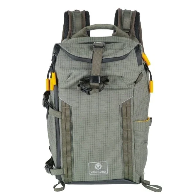 Gray tactical backpack with multiple compartments and yellow accents.