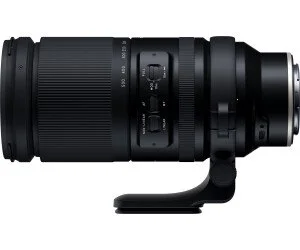 A large black camera lens with various adjustment dials and a tripod mount on a white background.