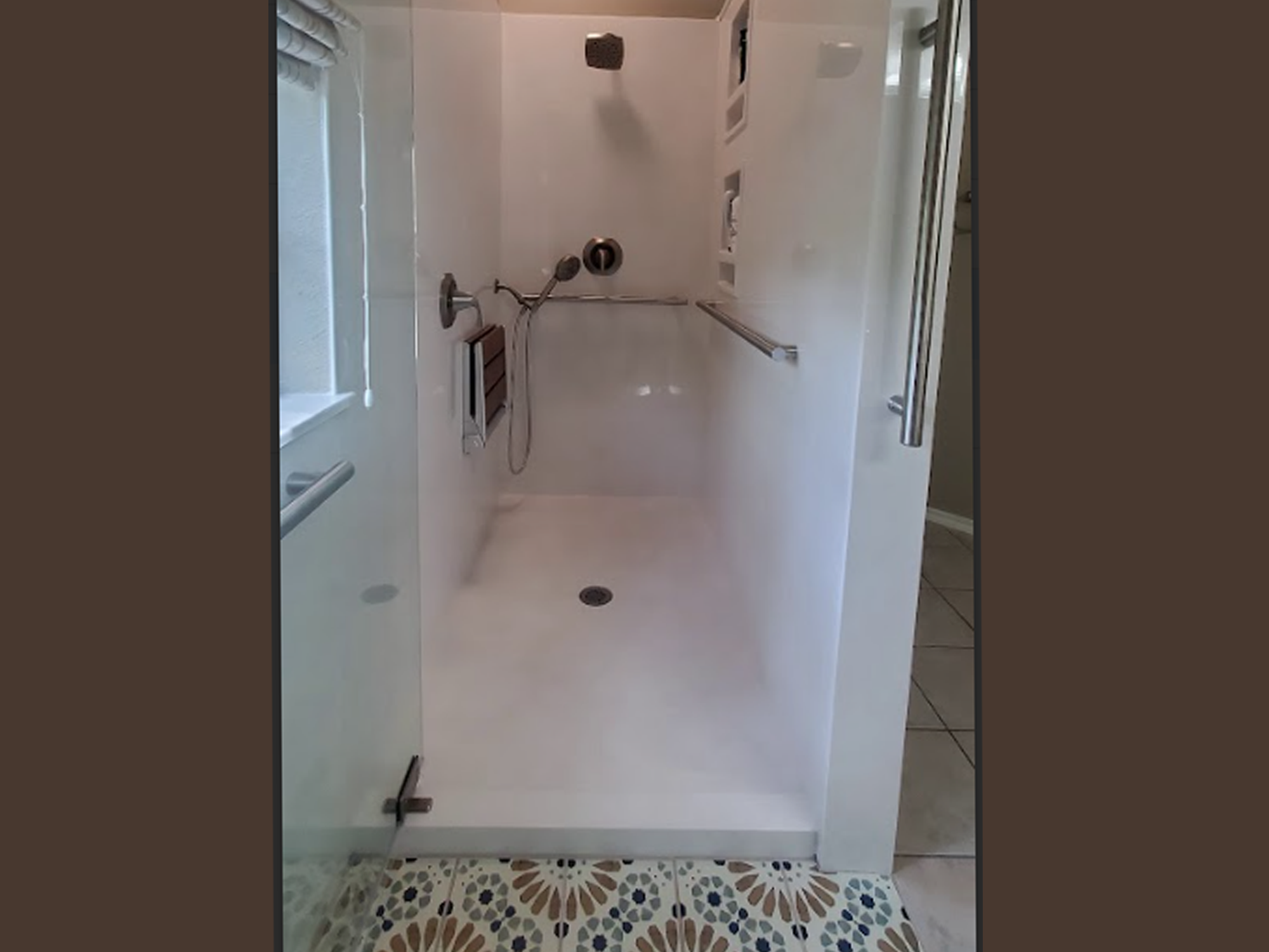Cultured Marble aging-in-place shower with seat in Austin, Texas.