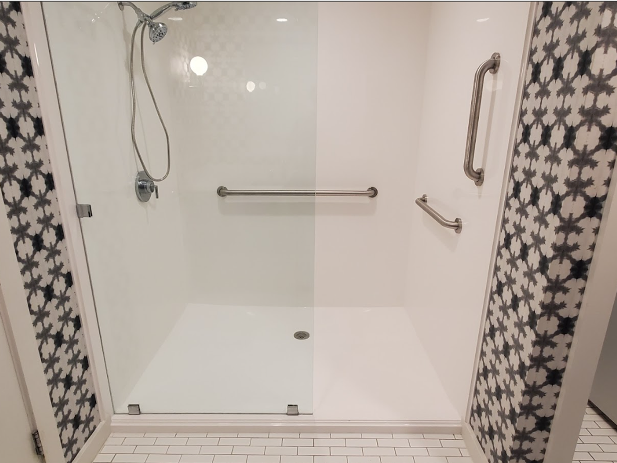 Cultured marble aging-in-place shower in Central Texas.