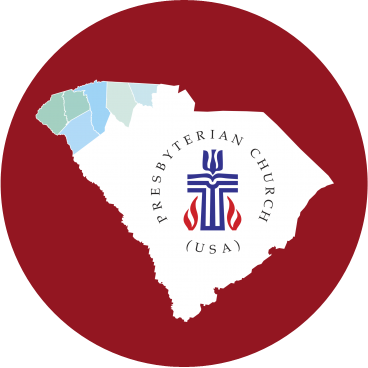 Map of South Carolina with the Presbyterian Church (USA) logo in the center.