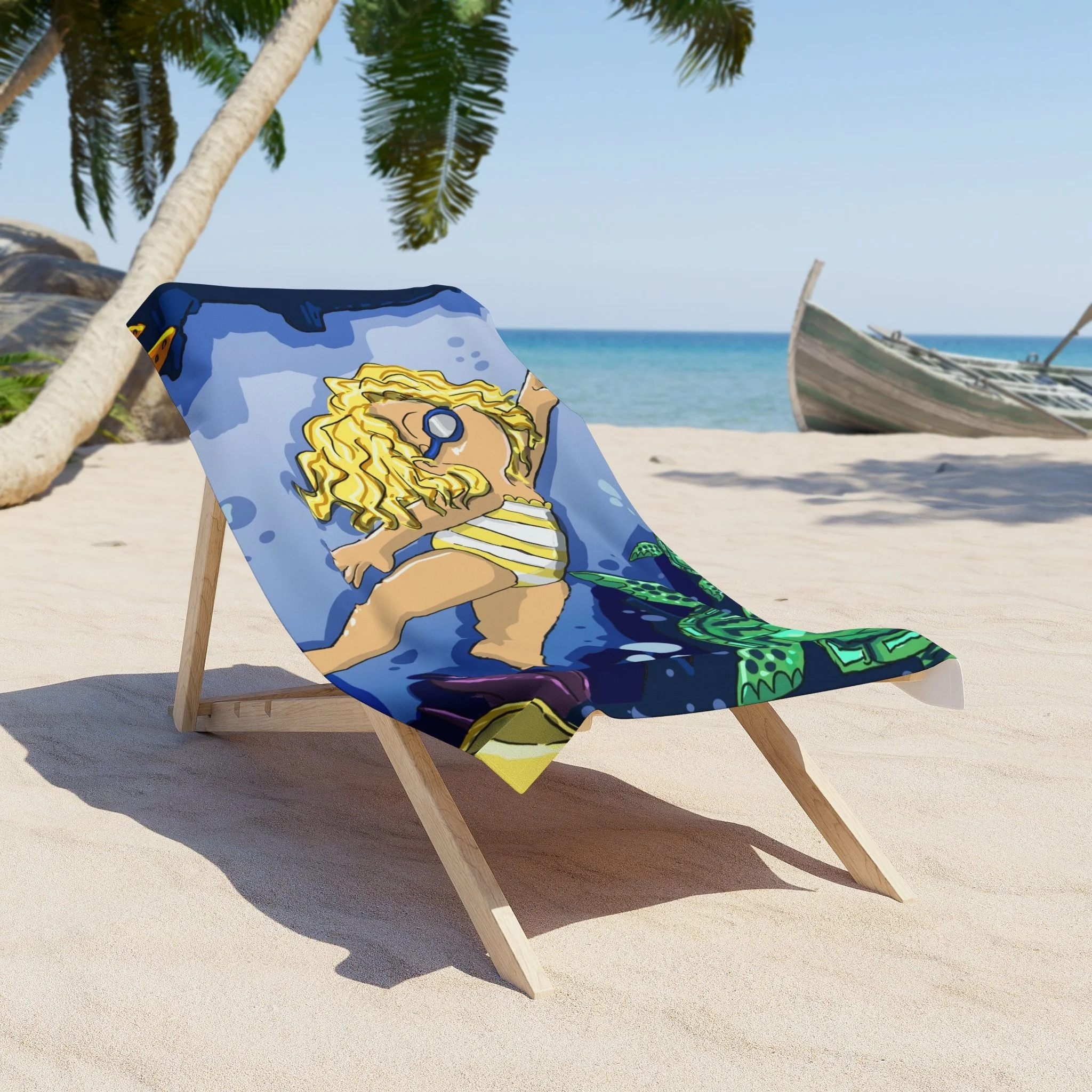 Beach Towel — Retro Mermaid Girl & Sea Turtle Illustration