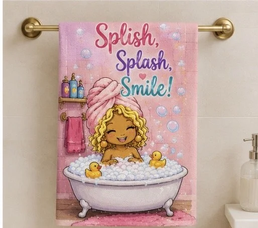 Hand Towel — 'Splish, Splash, Smile!' Cute Bubble Bath Girl Kids Bathroom Towel