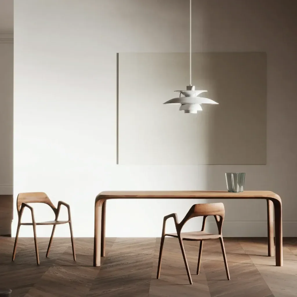 Table à manger design en bois massif style ébène avec lignes arrondies, accompagnée de chaises modernes assorties, dans un intérieur minimaliste avec suspension contemporaine et décoration épurée.