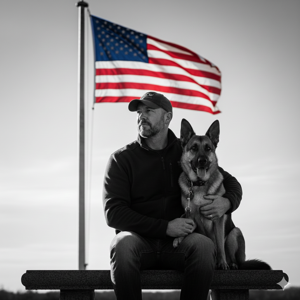 A man sitting on a bench with a German Shepherd dog, with an American flag waving behind them in black and white. The man is wearing a cap and jacket, and the dog has a collar with a leash.