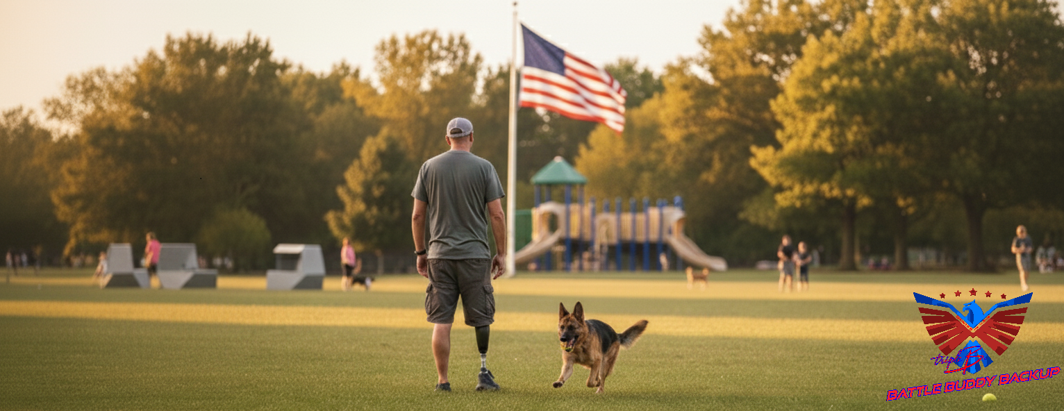 A man with a prosthetic leg walks with a German Shepherd in a park, with an American flag and children playing in the background.