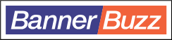 Logo of BannerBuzz with white text on a navy blue background and a red-orange rectangle with white text