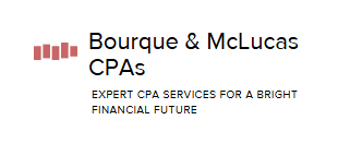 Logo and text for Bourque & McLucas CPAs with the slogan 'Expert CPA services for a bright financial future'