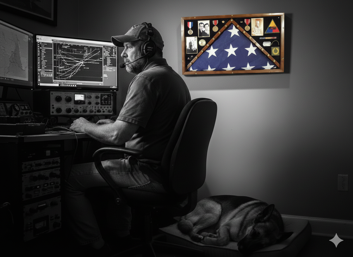 A man wearing a cap and headphones with a microphone, sitting at a desk with multiple monitors and radio equipment, working on a radio or communication device. A German shepherd dog is sleeping on a bed near his feet. The background includes a display case with a folded American flag, medals, photographs, and military insignia.