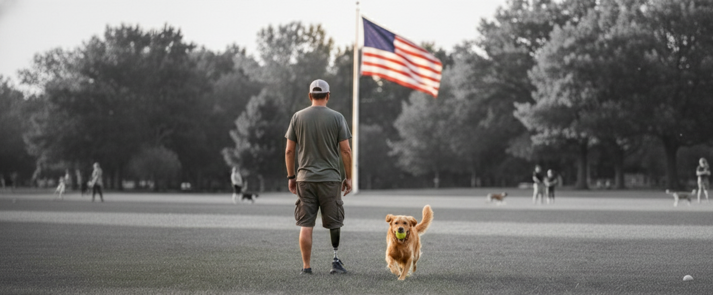 A man with a prosthetic leg walking a golden retriever with a tennis ball in its mouth at a park with an American flag waving in the background.