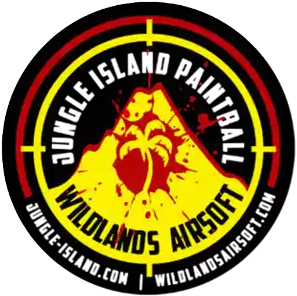 Logo for Jungle Island Paintball, Wildlands Airsoft, featuring a yellow mountain with a face inside, crossed by bright yellow and black colors, with the text 'Jungle Island Paintball' and 'Wildlands Airsoft' around the circle.