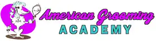 Logo for American Grooming Academy with illustrations of grooming tools and a dog.