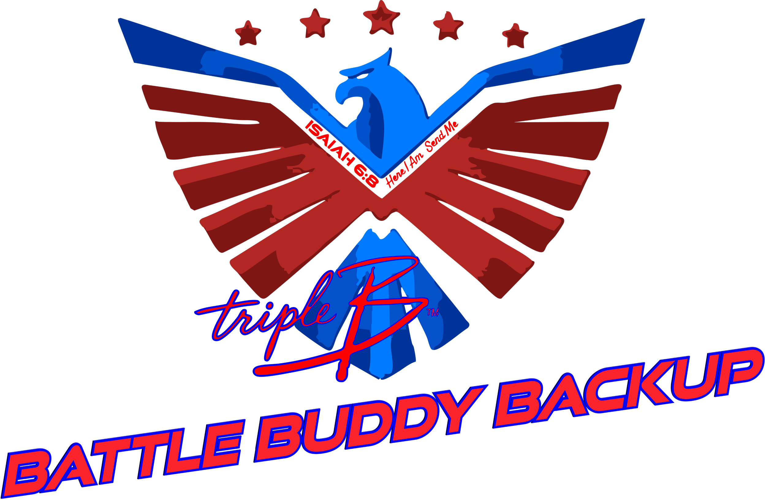A logo with a stylized eagle in blue and red wings, stars above, and text reading 'Triple P', 'Home I Am Send Me', and 'Battle Buddy Backup' in red and blue.
