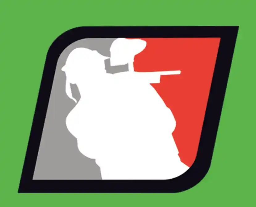 Silhouette of a woman with a ponytail pointing a gun, set against a background with red, gray, and green