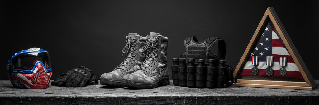 Military gear displayed on a wooden surface including a helmet, pair of gloves, combat boots, tactical vest, and a framed display with medals, flag, and medals recognition.