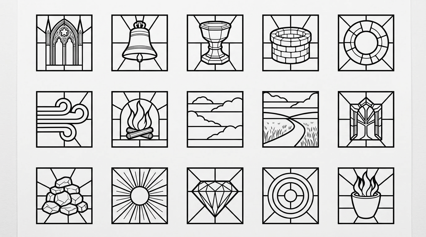 Stained glass window design with various images including a church window, a bell, a field, a brick well, a stone ring, wind, fire, clouds, a scenic landscape, a cathedral window, rocks, the sun, a diamond, a centre of harmony, and a hearth.