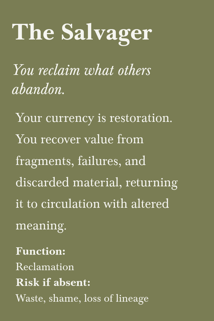 Text on an olive-green background describing 'The Salvager', a concept of reclaiming value from discarded materials, emphasizing restoration, circulation, and altered meaning, with functions and risks outlined.