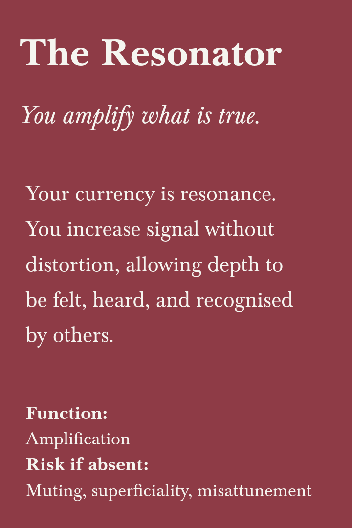 A quote about the resonator device, explaining it amplifies what is true and increases signal without distortion for better perception by others, with sections on its function and risks if absent.