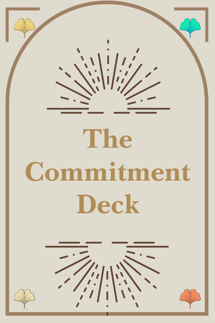 Cover of a book titled "The Commitment Deck" with decorative sunburst designs at the top and bottom, and small colored shell icons in the corners.