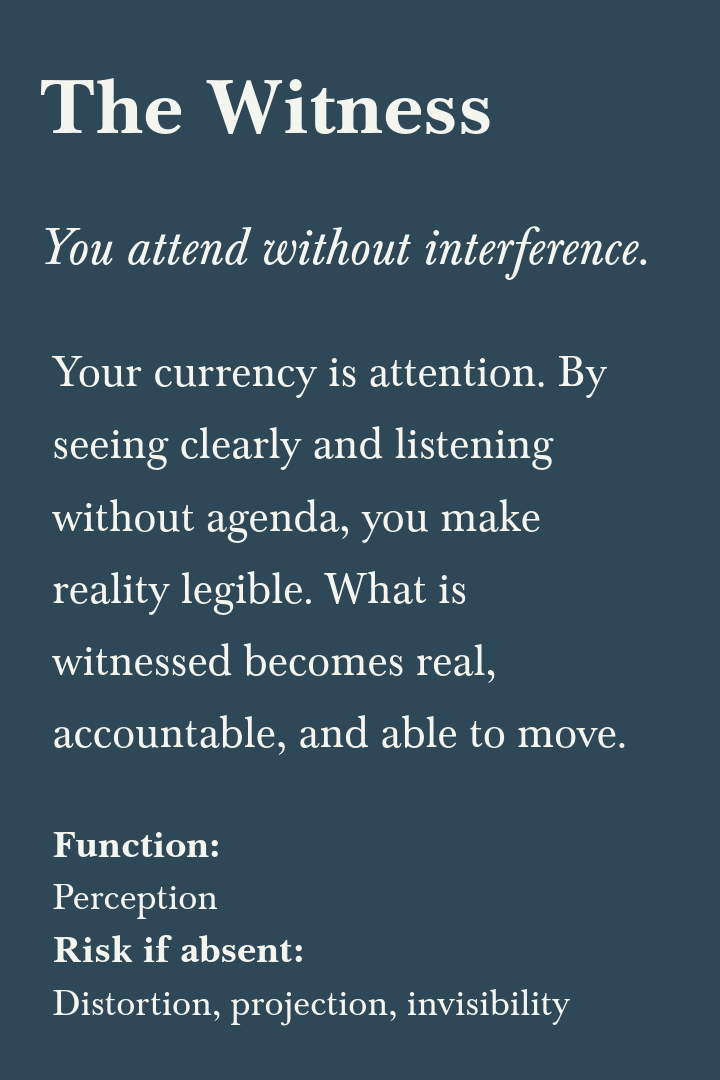 Text on a dark blue background about 'The Witness,' emphasizing perception, attention, and reality, with sections on function and risks of absence.