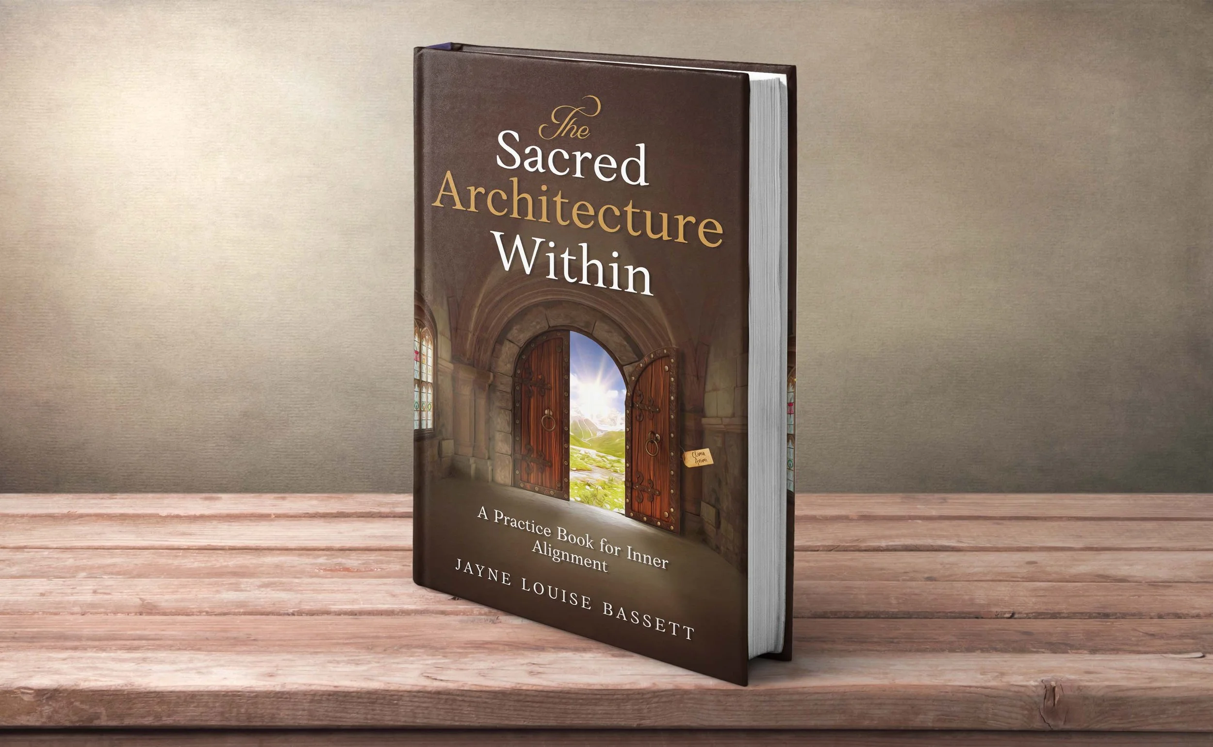 Book cover: from inside a cathedral doorway with stained glass to the left, looking out onto meadow, mountains and river