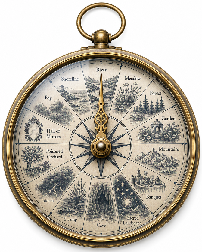 An ornate brass emotional compass illustration featuring inner landscape sectors such as River, Forest, Mountains, Cave, and Fog for contemplative self-inquiry.