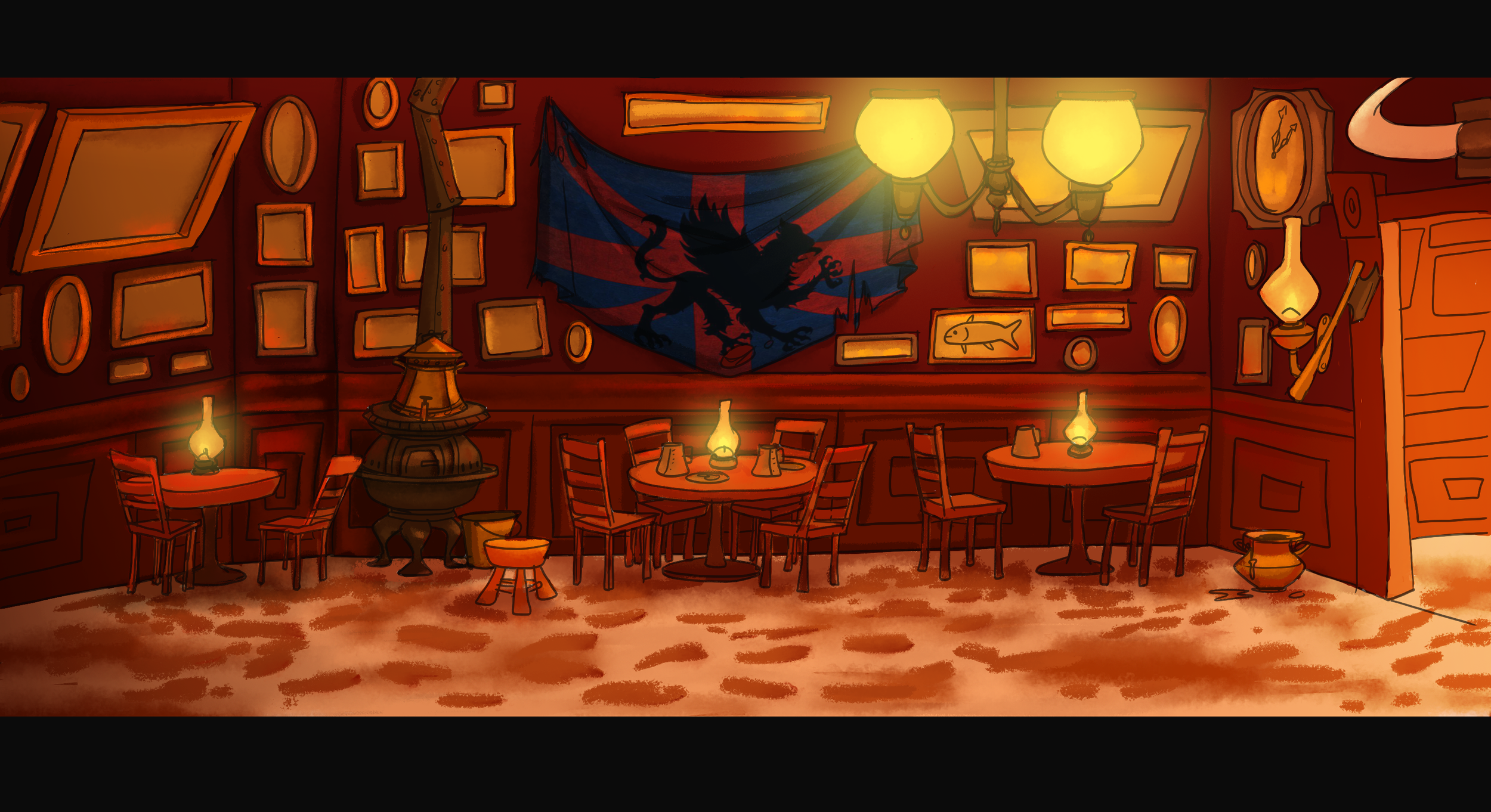 A cozy, dimly lit tavern with wooden walls decorated with antique frames, a dragon flag, and various old tools and weapons. There are wooden tables with lanterns, chairs, and a wood stove, creating a warm, inviting atmosphere.