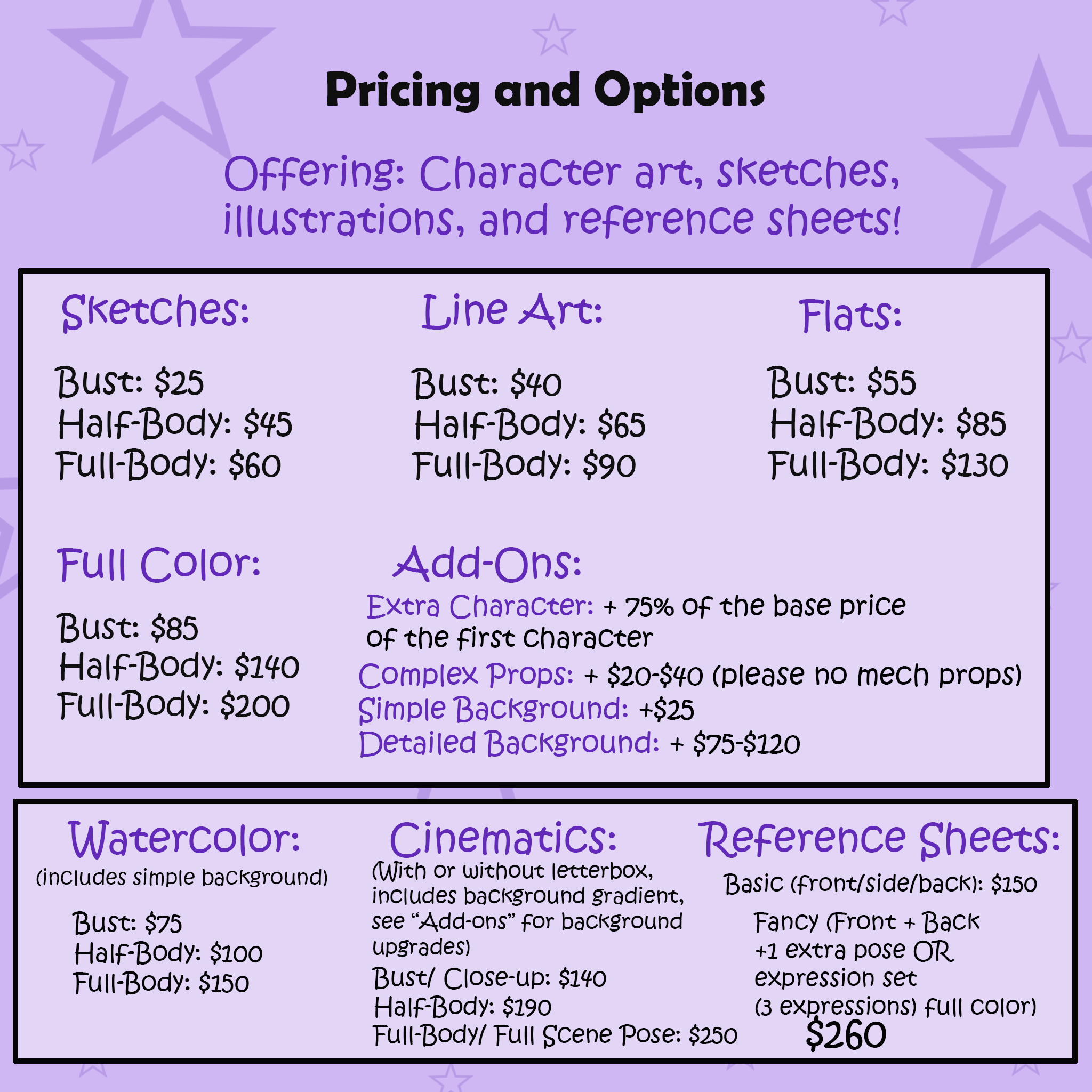 Pricing and options chart for character art, sketches, illustrations, and reference sheets. Includes prices for different styles like sketches, line art, flats, full color, and add-ons, with a purple background decorated with star patterns.