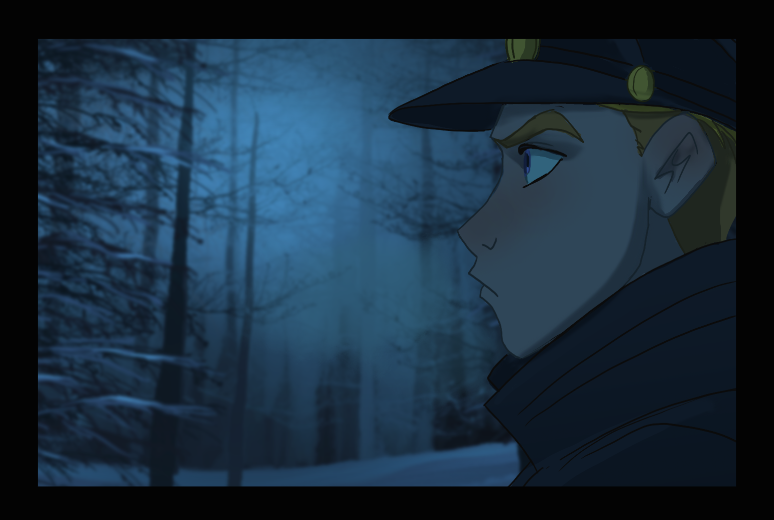An animated character in a dark forest at night, wearing a wizard hat and coat, with a focused expression.