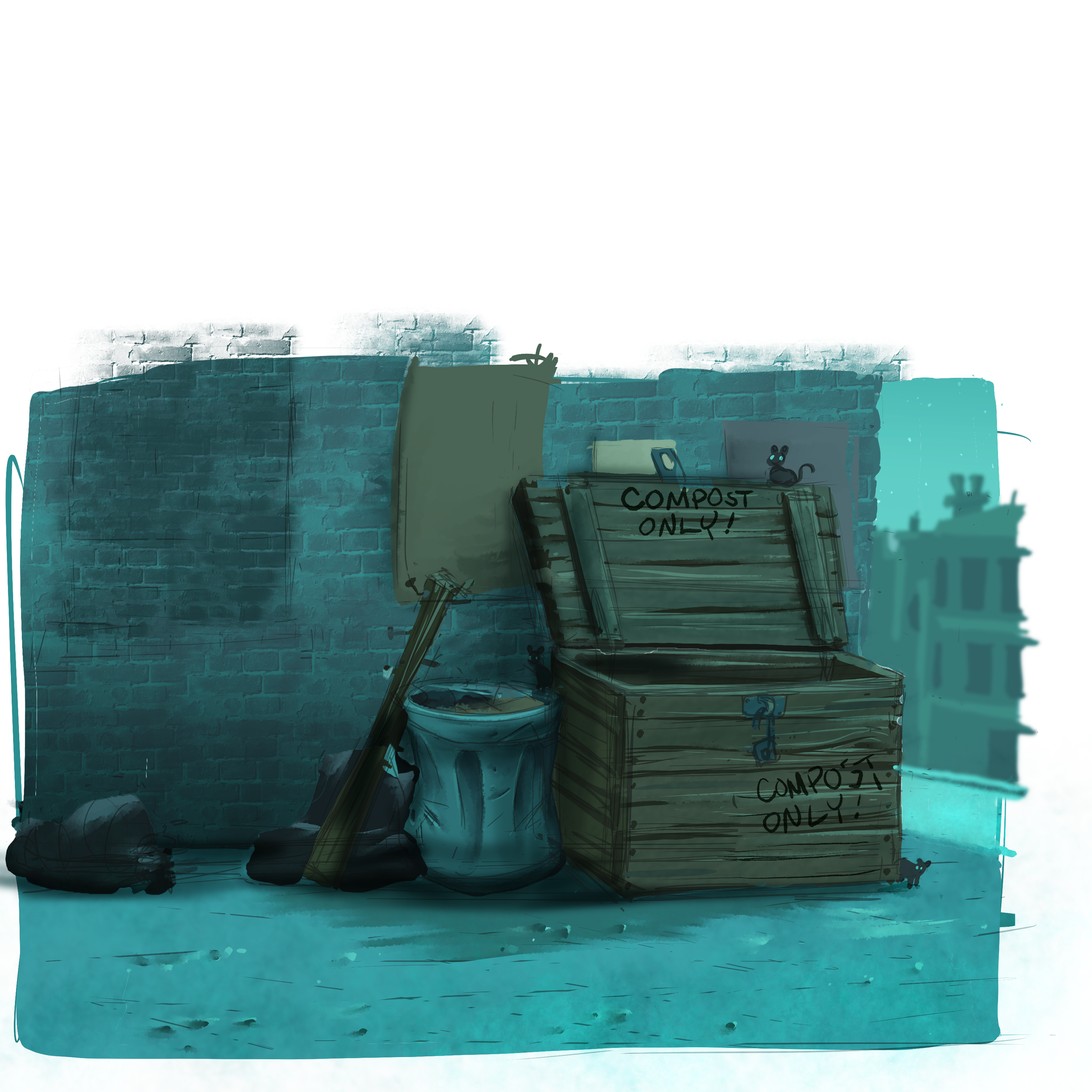 A city alley with a brick wall background, an open wooden crate labeled 'Compost Only!', a trash bag, a broom, a cardboard box, and a small black mouse.