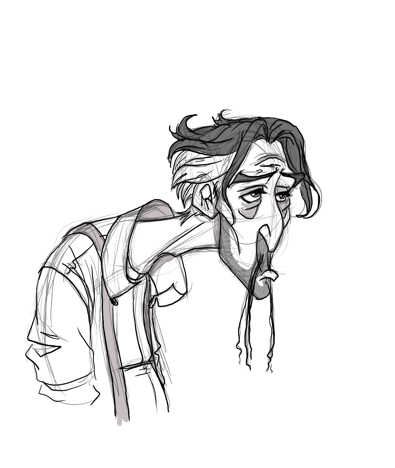A sketch of a person with disheveled hair, wearing glasses, a face mask, a hoodie, and a backpack, looking tired or bored.