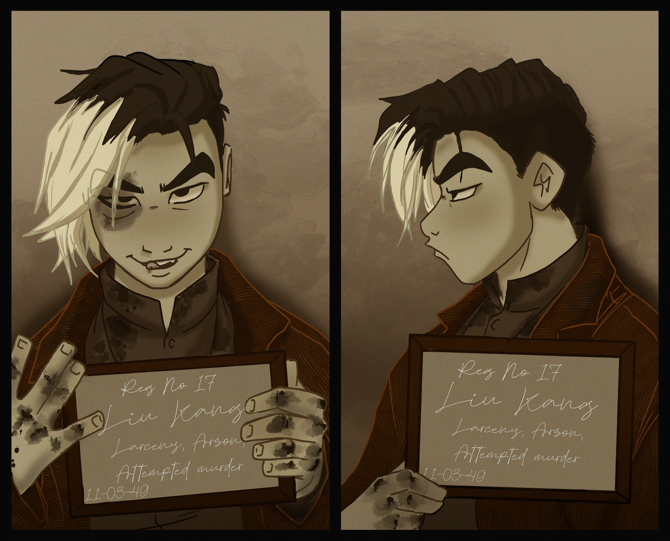 A split image of a young man with black and blonde hair holding a mugshot board with the text 'Reg No 17 Liu Kang Larceny, Arson, Attempted murder 11-03-49'. The left side shows him smirking, with patches of dirt on his hands; the right side shows hi