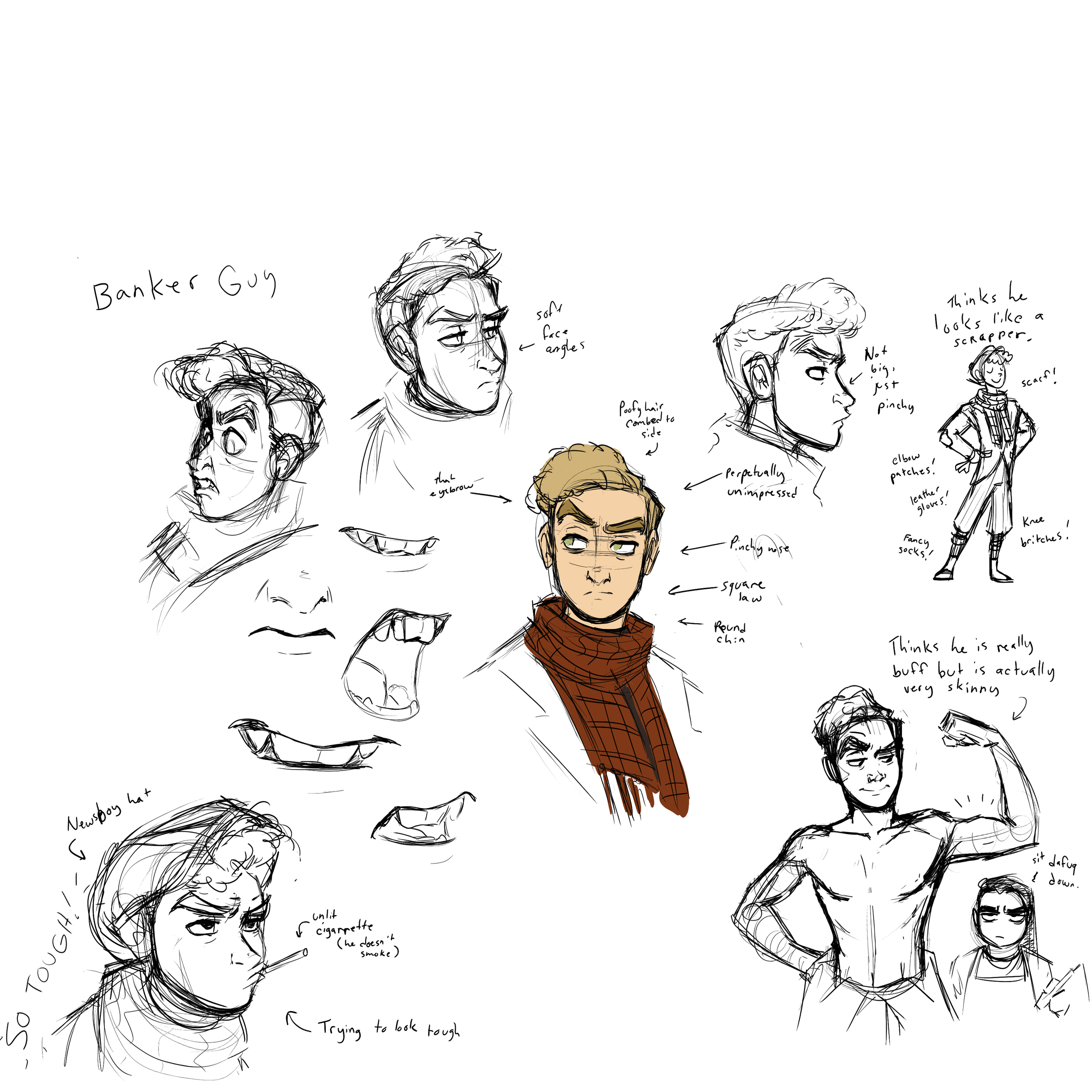 Collection of character sketches and notes for a punk or rebellious male character, including facial expressions, clothing details, and personality traits.