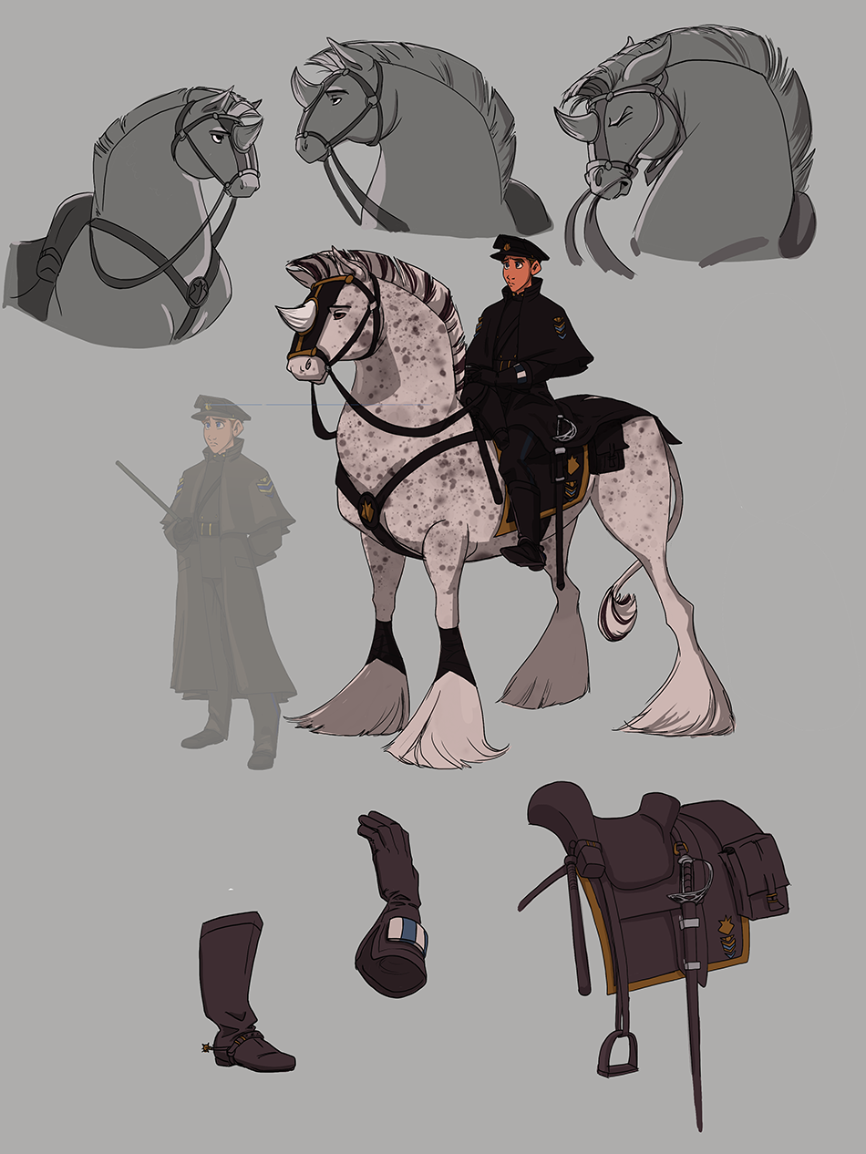 Illustration of police officers in uniform, one on a speckled white horse with black markings and a saddle, and highlighting separate items such as gloves, boots, and a saddlebag.
