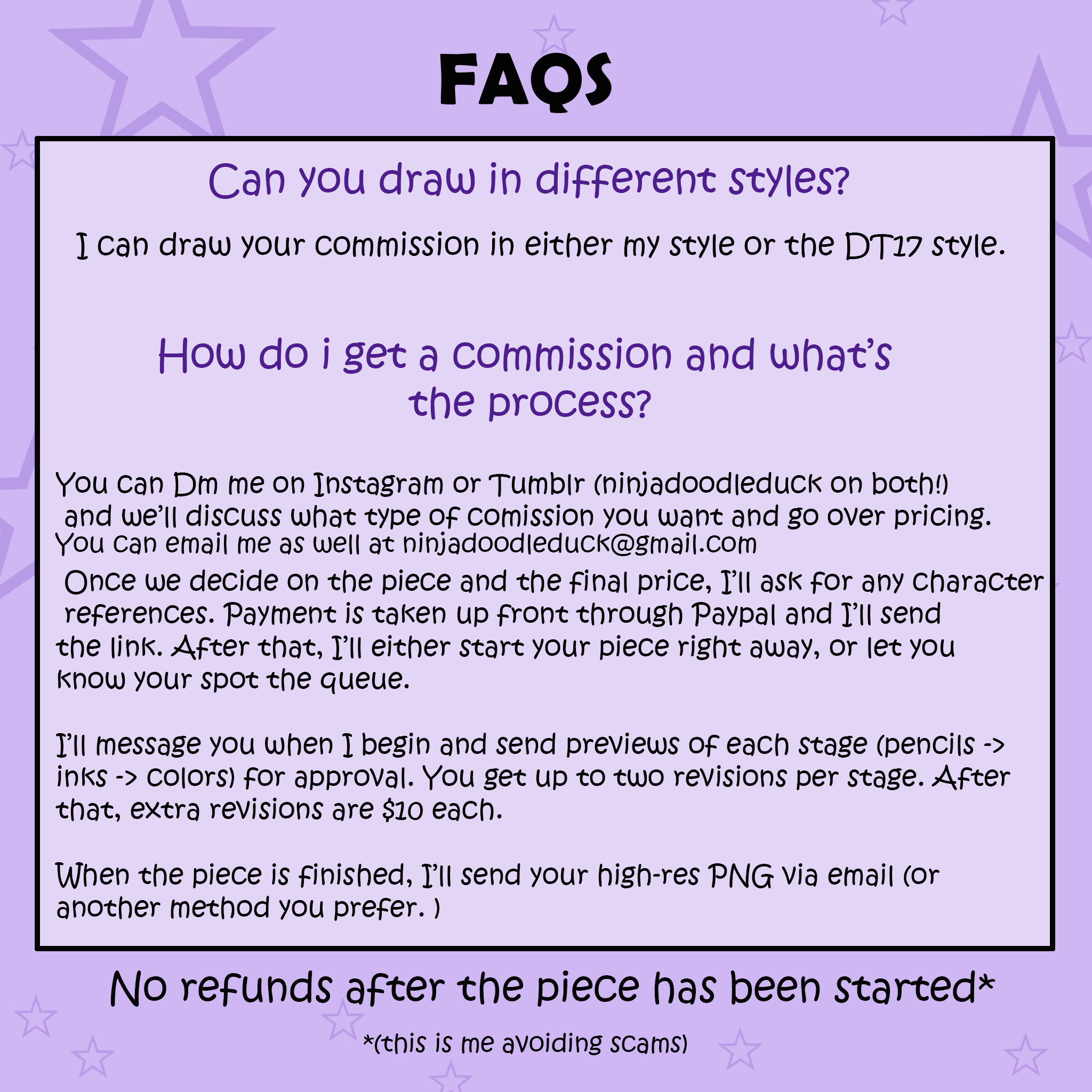 A FAQ-style informational graphic about custom art commissions, explaining how to order, process steps, payment methods, revisions, and delivery. The background is lavender with star patterns, and the text is in black and purple, organized within a bordered box.