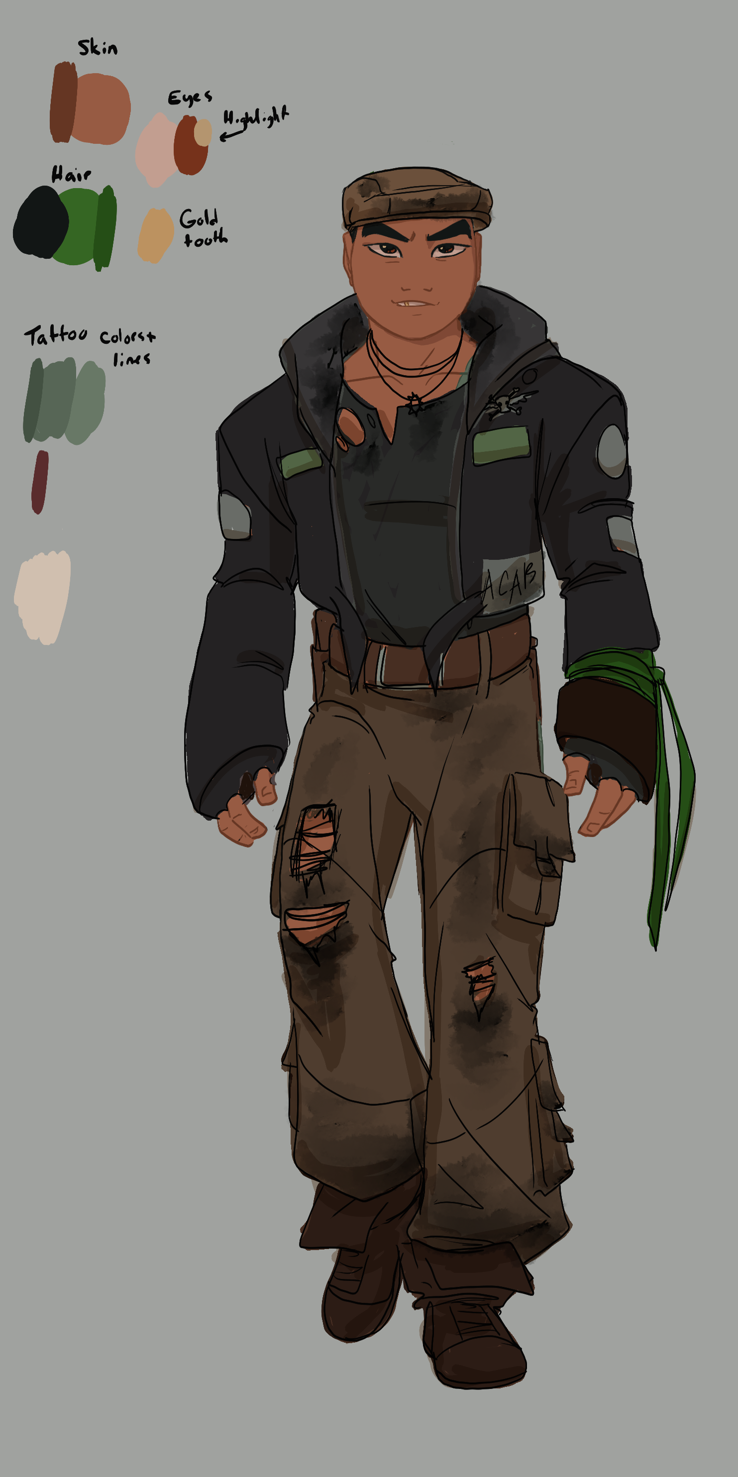 Drawing of a person with tan skin, short hair, and a confident expression, wearing a brown cap, black jacket with green patches, brown ripped cargo pants, and combat boots.