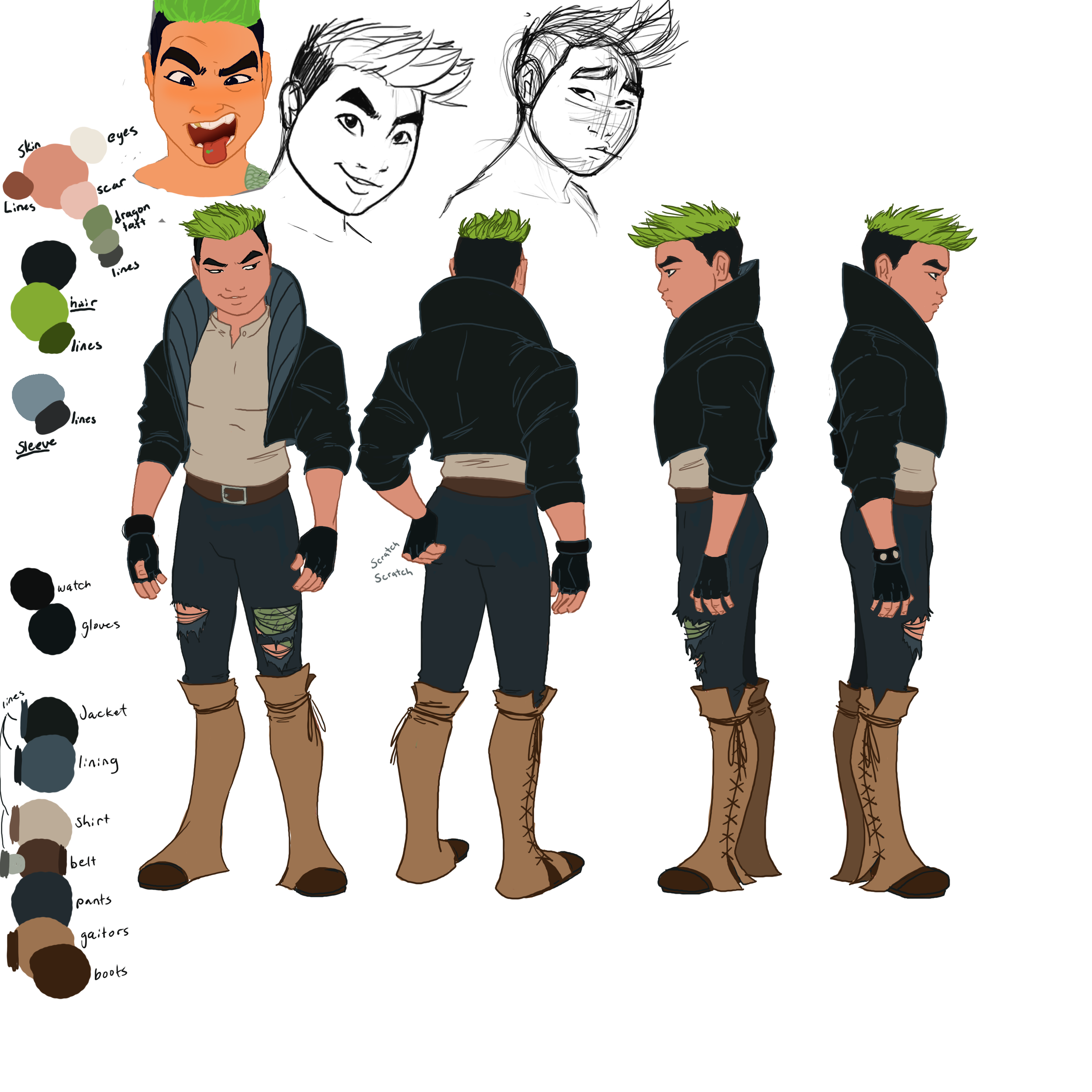 Character design sheet featuring a male character with short green hair, dark eyebrows, and multiple outfit views. The character wears a black jacket with a beige lining, ripped black jeans, brown knee-high boots, a beige shirt, black gloves, and a b